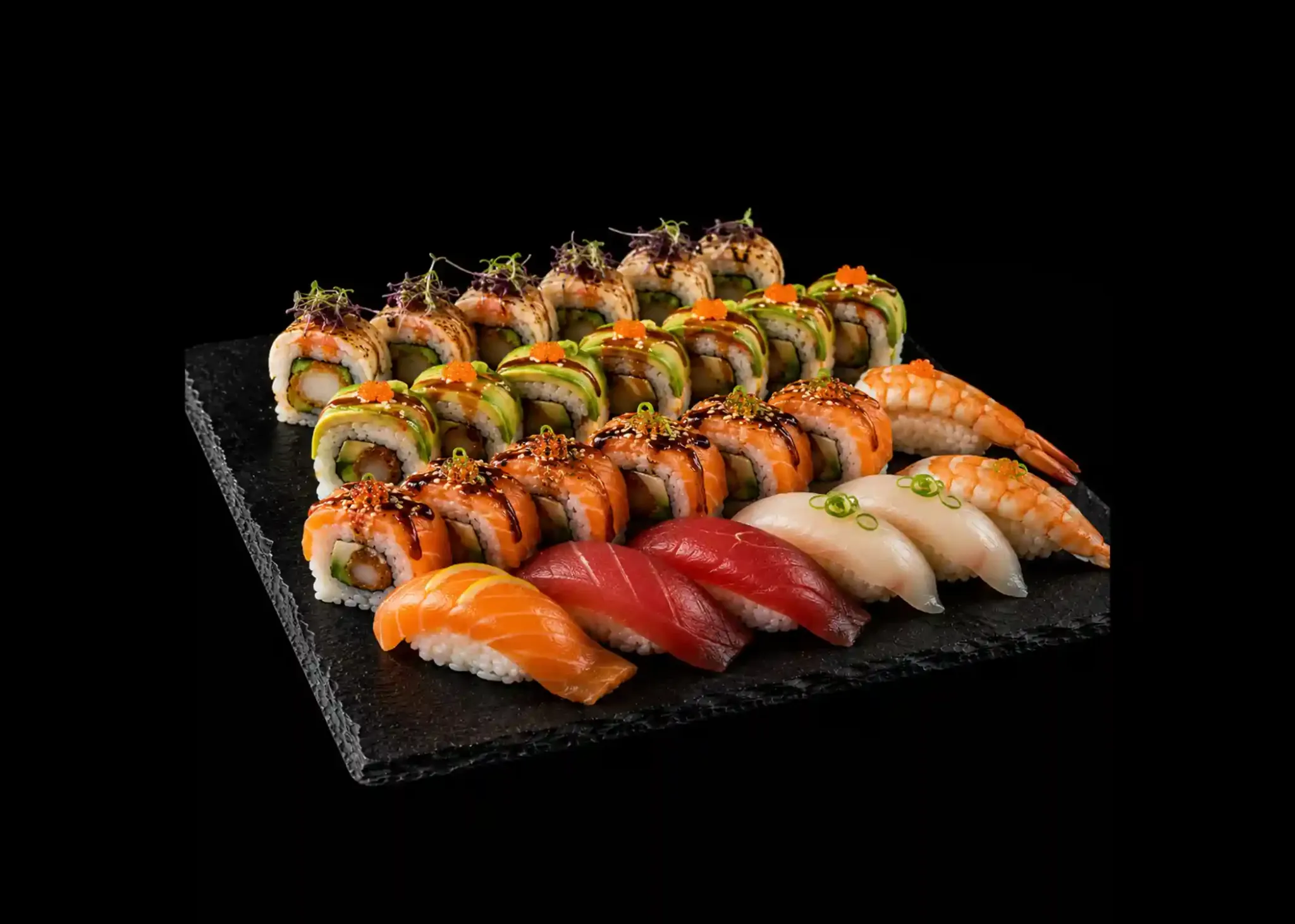 Large platter of Mito specialty rolls, salmon, tuna, white fish, and shrimp nigiri